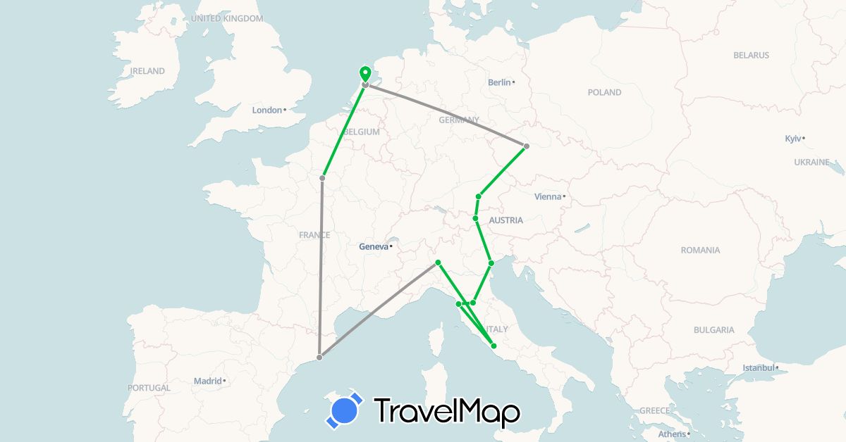 TravelMap itinerary: driving, bus, plane in Austria, Czech Republic, Germany, Spain, France, Italy, Netherlands (Europe)
